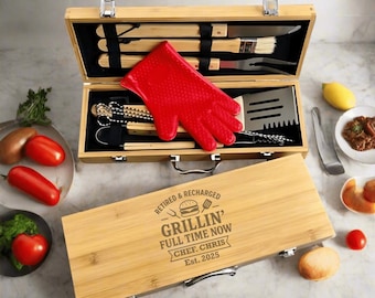 Personalized BBQ Grill Tool Set: Engraved Bamboo Case, Retirement Gift