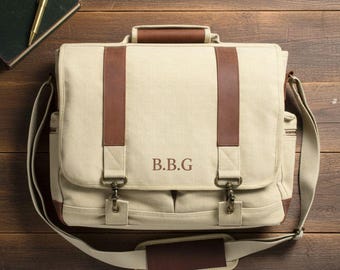 Groomsmen Messenger Bag, Monogrammed Canvas Laptop Bag, Personalized Vintage Shoulder Bag, Gift for Him