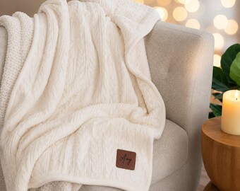 Personalized Sherpa Cable Knit Blanket, Custom Cozy Throw