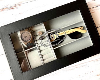 Watch Box, Watch sunglass box, Groomsman Gift,  Personalized Gift for Best Man, Watch and Sunglass Organizer Box, Custom Watch Box for Men