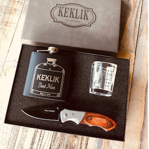 Groomsmen Gift Box Set Knife, Flask, & Shot Glass, Personalized Shot Glass, Best Man flask, Wedding Memento Gift, Groomsman Keepsake Gift.