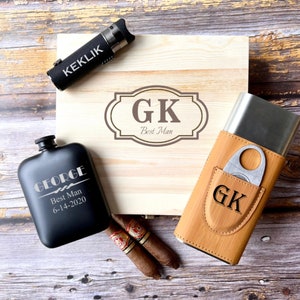 Groomsmen Gift set, Groomsmen box, Personalized Pine Box, Engraved Flask, Cigar holder, Engraved Lighter, cigar gift set, Gift for him,