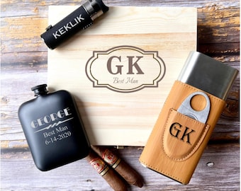 Groomsmen Gift set, Groomsmen box, Personalized Pine Box, Engraved Flask, Cigar holder, Engraved Lighter, cigar gift set, Gift for him,