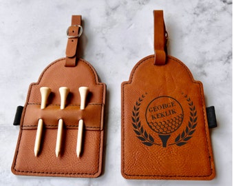Personalized Vegan Leather Golf Bag Tag with Tees
