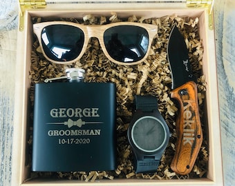 Groomsmen Geschenkboxen | Groomsmen Erinnerungsbox Set | Groomsmen Geschenksets | Holzkiste | Sonnenbrille | Groomsmen Flachmann | Herrenuhr |