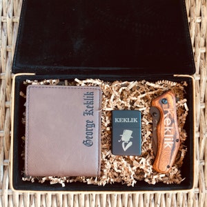 Caja de regalo del padrino, regalo personalizado, cuchillo grabado, billetera grabada, encendedor grabado, caja personalizada, regalo para hombres, regalo del padrino