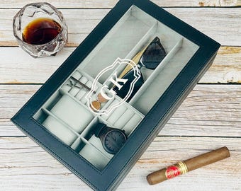 Caja para reloj de marido, estuche personalizado de piel vegana para reloj y gafas de sol, organizador con tapa de cristal grabada, regalo de aniversario.