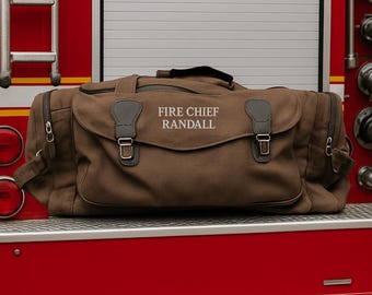 Personalized Firefighter Station Duffle, Firefighter Gift for Him, Embroidered Fire Dept Travel Gym Bag