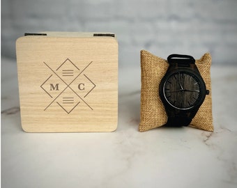 Engraved Sandalwood Watch, Personalized Mens Gift, Leather Band
