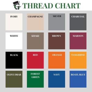 May include: A thread chart with 16 color swatches. The colors are: ivory, champagne, silver, charcoal, white, khaki, brown, maroon, black, red, orange, tangerine, olive drab, forest green, navy, and royal blue.