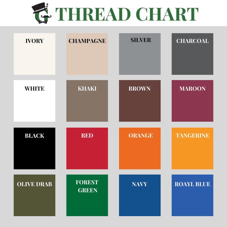 May include: A thread chart with 16 color swatches. The colors are: ivory, champagne, silver, charcoal, white, khaki, brown, maroon, black, red, orange, tangerine, olive drab, forest green, navy, and royal blue.