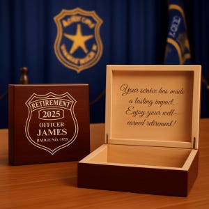May include: A wooden retirement keepsake box, open to reveal a light-colored interior with an inscription. The box is dark brown with a white police badge design that reads "RETIREMENT 2025 OFFICER JAMES BADGE NO. 1973". The inscription inside reads "Your service has made a lasting impact. Enjoy your well-earned retirement!"
