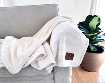 Personalized Sherpa Cable Knit Blanket, Custom Cozy Throw