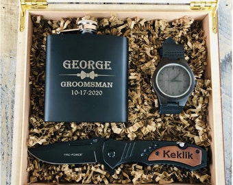 Groomsmen Gift Box Set, Groomsmen Keepsake Gift Set, Groomsman Gift Box, Flask, Engraved watch, Custom knife, Gift set for Wedding party