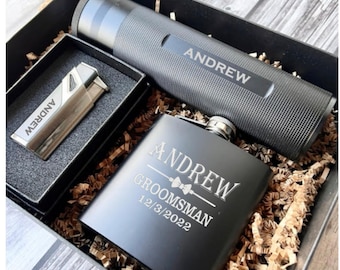 Groomsmen Gift Boxes, Great Guy Gifts, Groomsmen Gift Sets, Cigar Set, Gifts for Guy, Fathers Day Gift, cool lighters, Engraved light