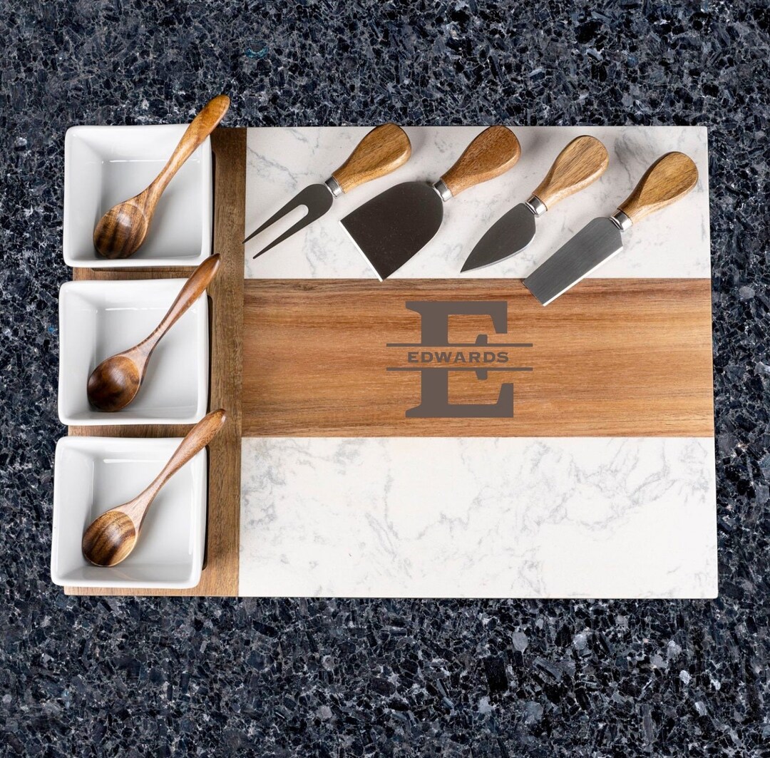 Personalized Acacia Wood & Marble Charcuterie Board With Utensils - Etsy