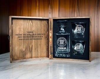 Personalized Military Whiskey Decanter Set with Wooden Box – Retirement Gift for Veterans, Engraved Army Navy Air Force Gift
