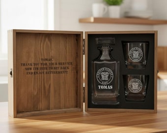 Personalized Military Whiskey Decanter Set with Wooden Box – Retirement Gift for Veterans, Engraved Army Navy Air Force Gift