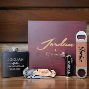 Personalized Groomsmen Gift Box Set, Engraved Humidor with Knife Flask Lighter and Opener, Best Man Proposal Gift for Him
