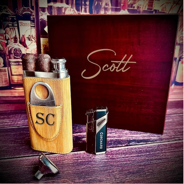 Engraved Cigar Holder, Flask gift set, Engraved Lighter, Cigar holder flask set, Gift For Men, Cigar lovers gift set, Personalized gift set