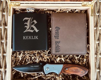 Groomsmen Box Set, Humidor, Wallet, Knife & Flask Groomsmen Gift Set