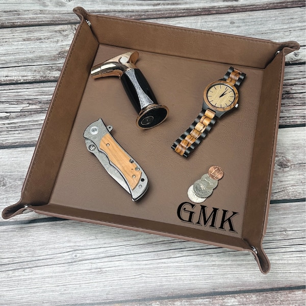 Personalized Engraved Vegan Leather Snap Up Valet Tray, catch all tray, Custom Anniversary Gift for Him, Groomsmen, Father's Day