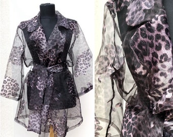 Leopard Jacket,Organza Jacket,Transparent Jacket,Chiffon Top,Beach Cover Up,Sexy Sheer Top,Leopard Trench Coat,Purple Tulle Jacket,Gift Mom