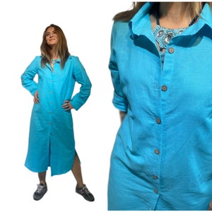 Blue Linen Button Up Shirt Dress .Women&#39;s Kaftan Linen Blouse .Loose Casual Midi Relaxed Dress .Linen Clothing for Summer.