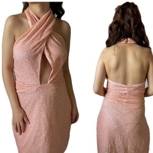 Halter Neck Cross Lachs Pailletten Cocktail Kleid,Rückenloses Kleid,Blush Pink Kleid,Open Back Kleid,Glitzer Party Kleid,Sexy Bodycon Kleid,