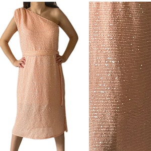 One Shoulder Salmon Color Sequined Cocktail Dress,Bridesmaids Dress,Blush Pink Dress,Evening Dress, Glitter Gown,Party Dress,