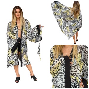 Abstract Print Chiffon Tulle Kimono Robe Jacket,See Through Jacket,Beach Cover Up,Tulle Jacket,Transparent Kimono,Gift Her,Dressing Gown,