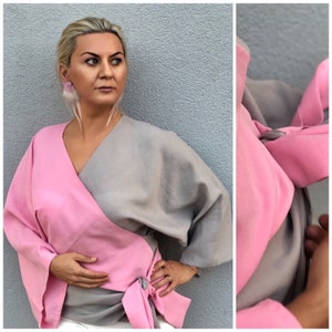 Silk Wrap Blouse,Silk Bell Sleeve Tie Up Wrap Top,Fall Clothing,Pink Gray Top Blouse,Woman Kimono,Double Breasted Top,Two Color Top,Gift Her