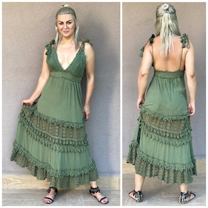Deep V Plunge Crochet and Linen Dress. Long Dress With Crochet Bra. Back Off Dress with Rope Straps.Green Bohemian Backless Summer Dress.