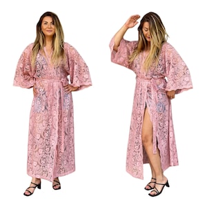 Pink Lace Kimono Kaftan,Long Sheer Bride Robe,Lace Dressing Gown,Brides Gift