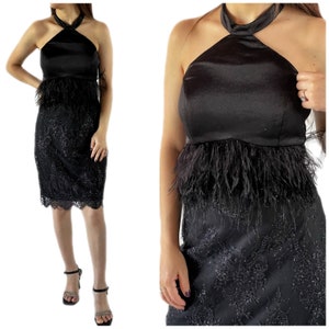 Ostrich Feather Glitter Halterneck Black Open Back Satin Dress Backless Prom Cocktail Evening Night Dress Sequined Sexy Mini Dress,