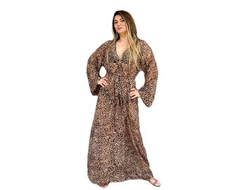 Sexy chiffonjurk met luipaardprint | Doorschijnende kimonojurk | Nachtkleding met dierenprint | Transparante strandjurk | Zomerhoes van tule | Zomerse strandkleding