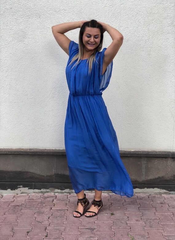 blue silk dress short