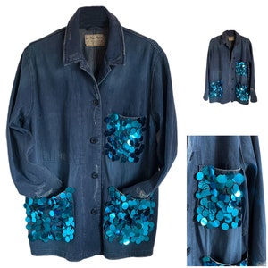 Sequined Embellished Jean Jacket with Distressed Cotton Fabric, Festival Outfit, Shiny Glam Button Up Shirt, Blue Denim Jacket, Gift for Her