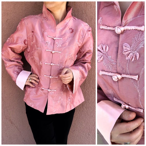 Satin Vintage Kimono,High Mandarin Collar,Pink Sat
