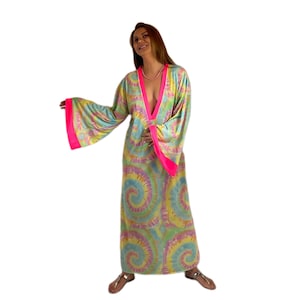 Colorful Plunge Kaftan Beach Dress | Tie-Dye Maxi Dress | Neon V Neck Summer Dress | Rainbow Pride Outfit | Bikini Cover Up | Pink Beachwear