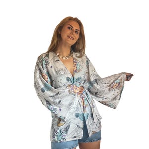 Sun & Moon Kimono Robe – Celestial Gray Beach Cover Up – Short Belted Lounge Jacket – Handmade Sky Print Kimono for Women - Gift for Her