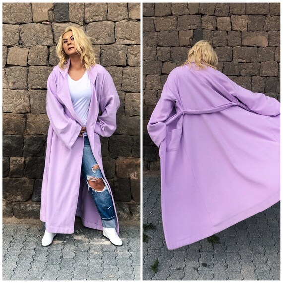 Lilac Purple Fleece Oversize Long Jacket shawl Collar Trench Coat