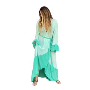 Frilly Green Chiffon Kimono Robe | Sheer Long Sleeve Tulle Cover Up | See Through Nightgown or Beach Kimono