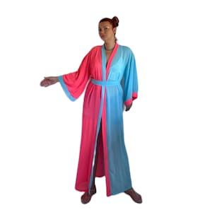 Pink Blue Two-Tone Chiffon Kimono | Long Sheer Beach Cover Up | Lightweight Summer Cardigan | Boho Resort Wear | Tulle Layering Jacket