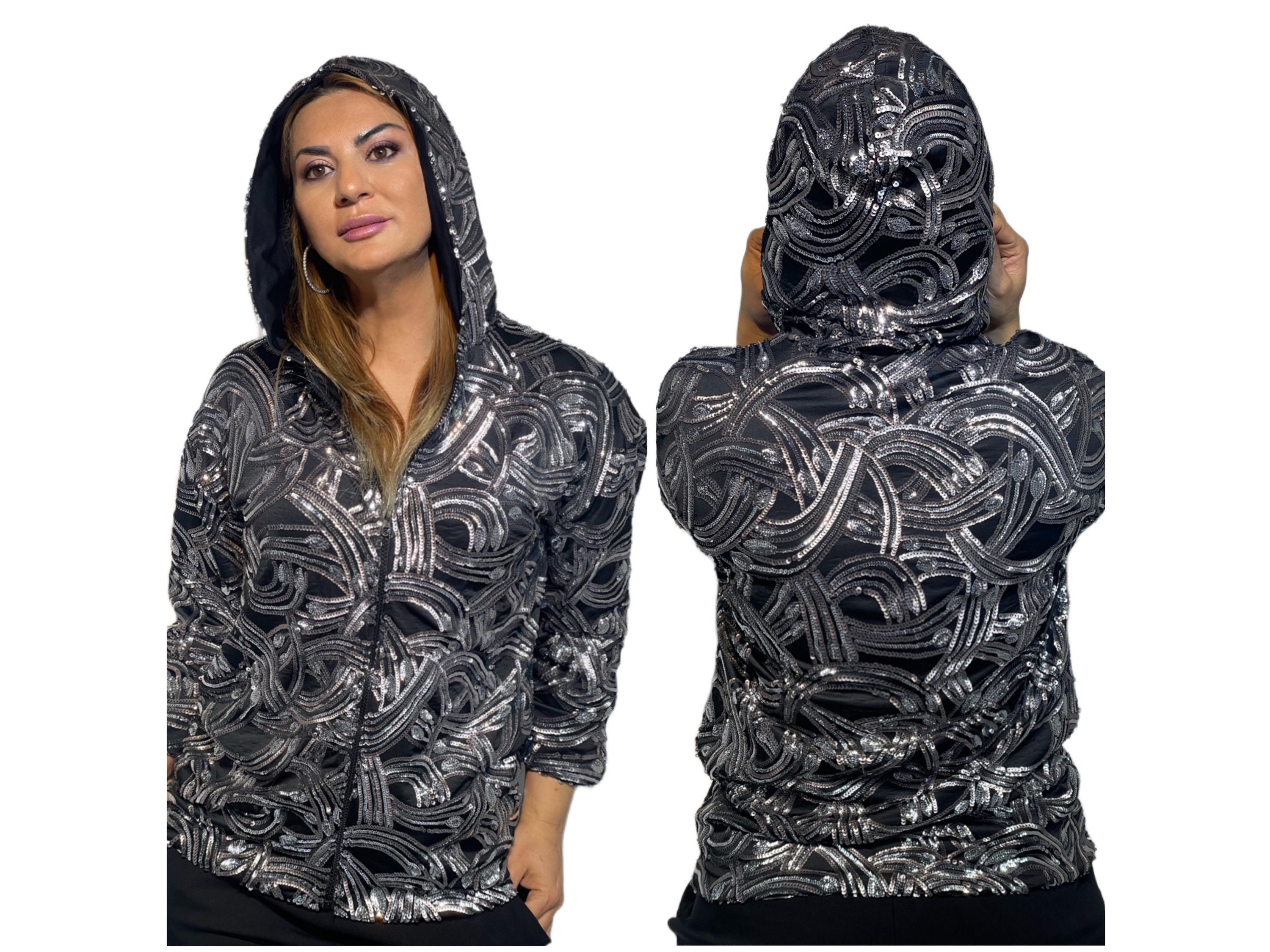 Trendsi Chevron Sequin Drawstring Hoodie