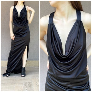 Cowl Slit Halter Neck Black Satin Dress Silk Slip Dress  Long Slit Prom Cocktail Dress