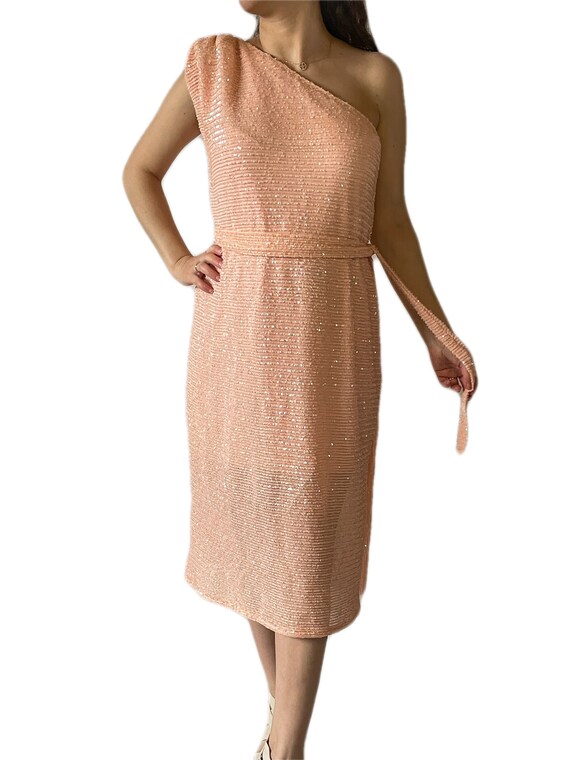 One Shoulder Salmon Color Sequined Cocktail Dress bridesmaids