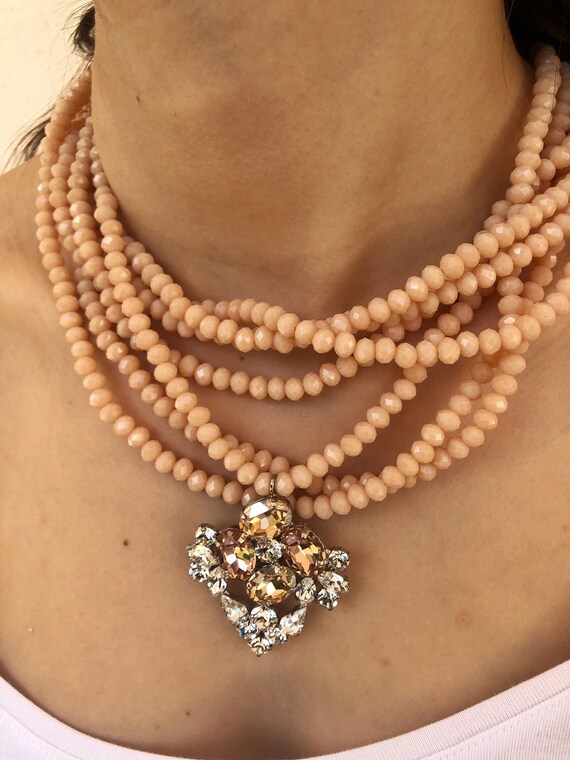 Layered Beaded Choker,Rhinestone Choker,Pink Beade
