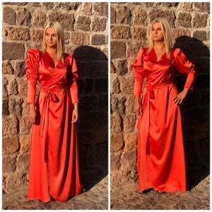 Long Puff Sleeve Wrap Maxi Silk Satin Cuff Sleeve Dress,Balloon Sleeve Slip Dress,Pink Satin Prom Bridesmaid Party Dress,Evening&Night Dress