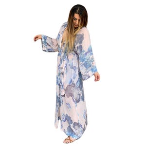 Floral Silk Chiffon Long Kimono Kaftan | Sheer Tulle Beach Cover Up | Luxury Open Front Robe Dress